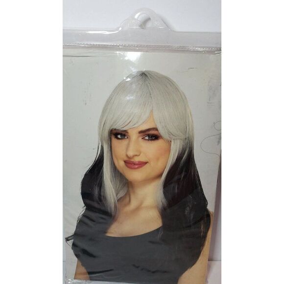 Women's Wig Long Ombre Black & White Wig Synthetic Fiber Cosplay Costume Hair - Picture 2 of 3